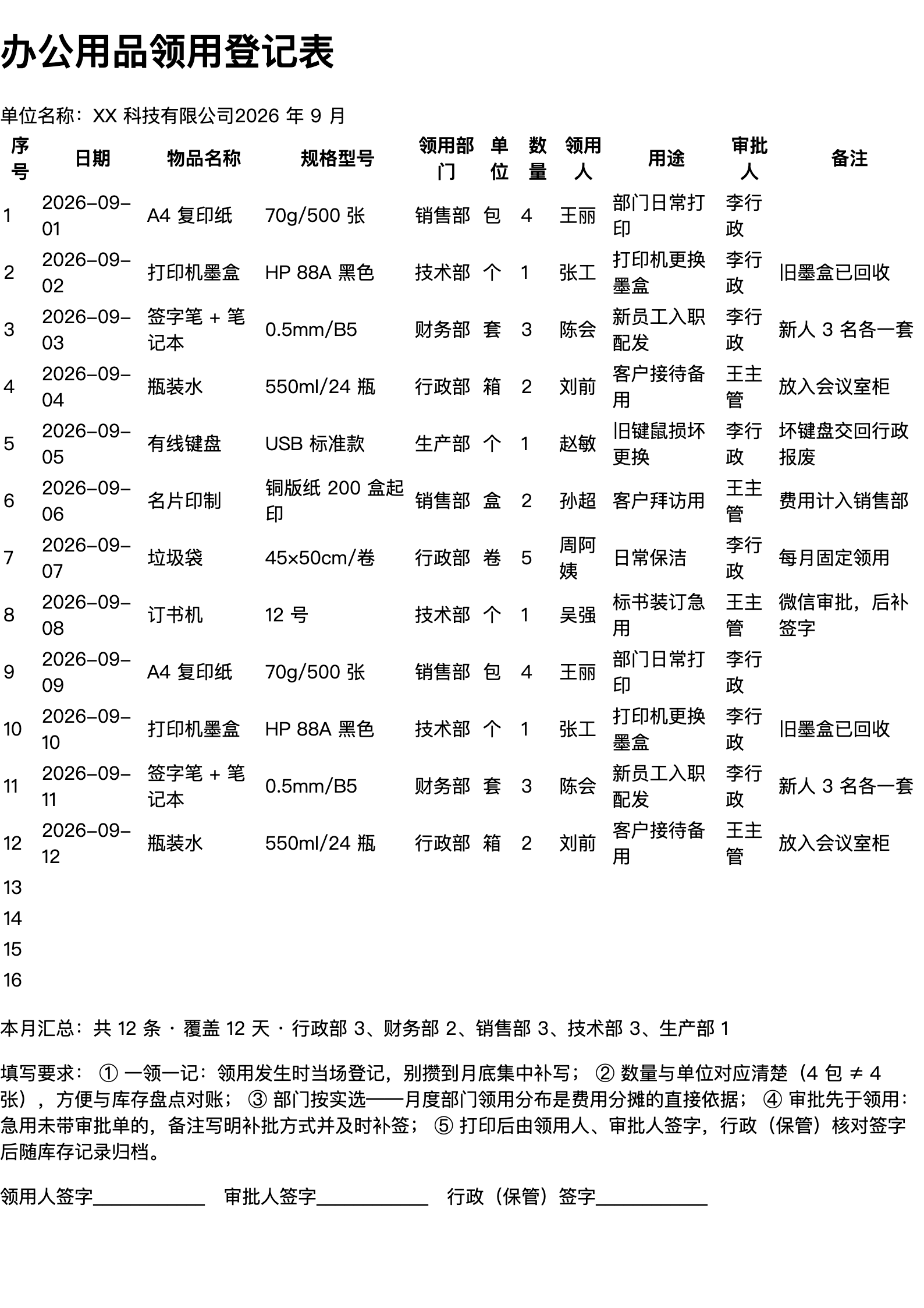 办公用品领用登记表打印范本（A4 格式，示例数据）