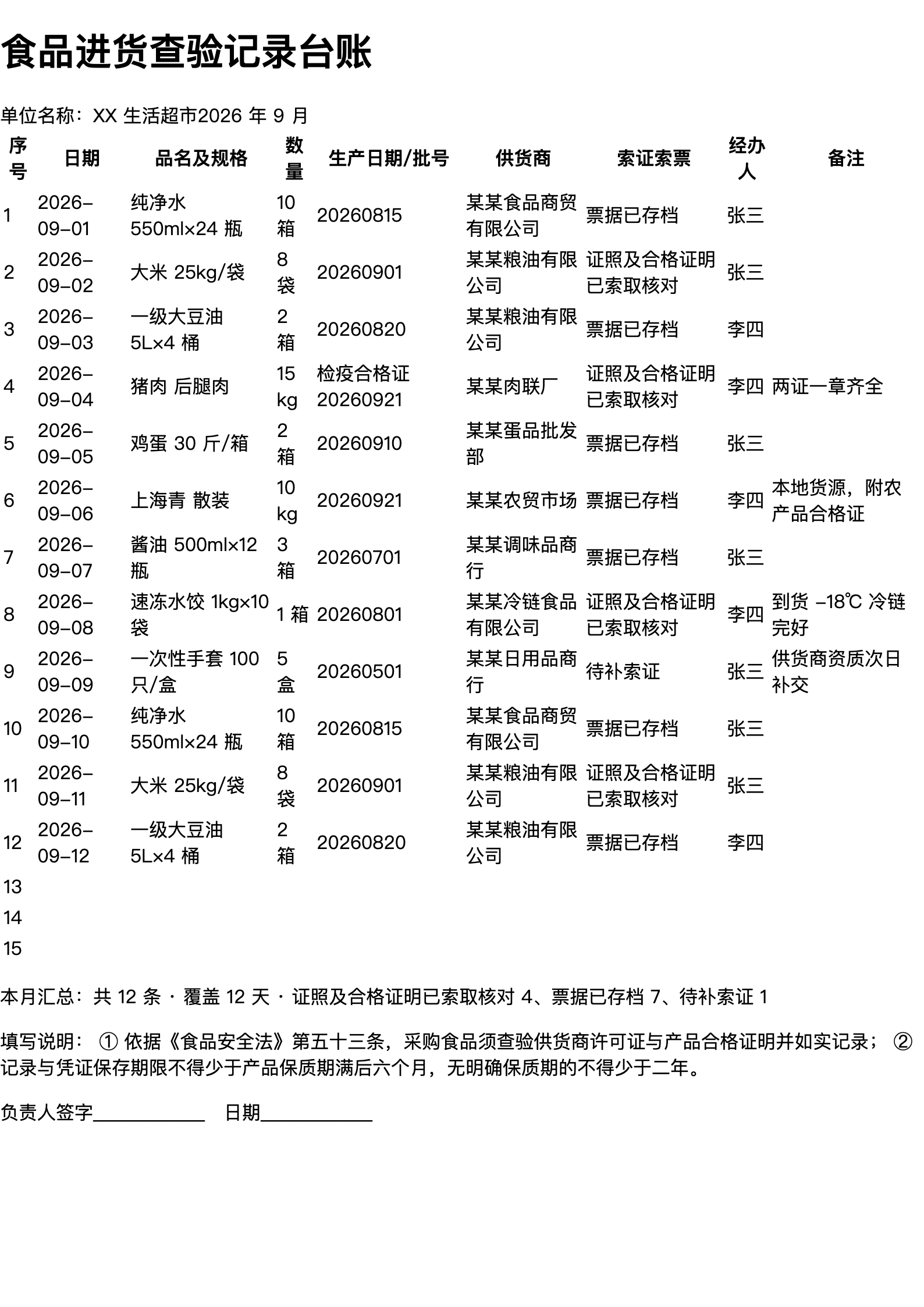 食品进货查验记录台账打印范本（A4 格式，示例数据）