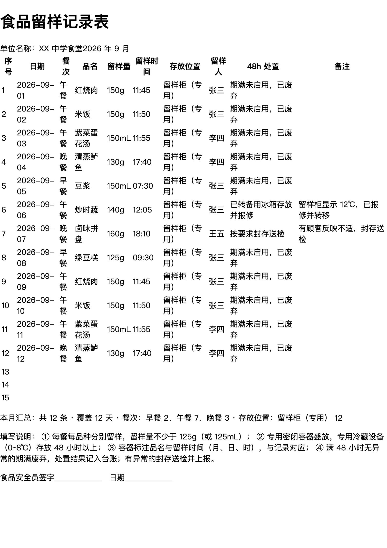 食品留样记录表打印范本（A4 格式，示例数据）
