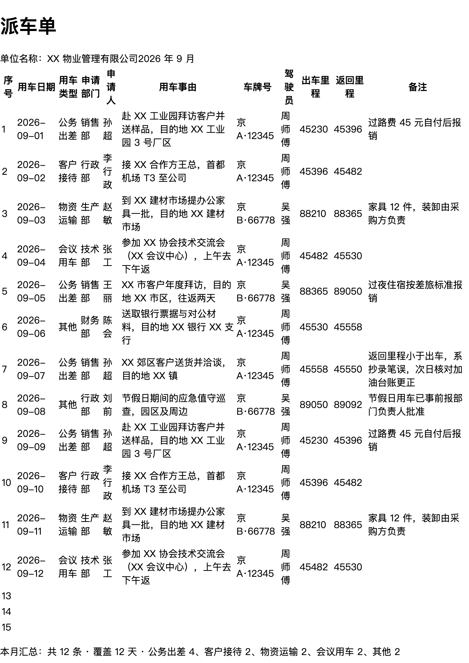派车单打印范本（A4 格式，示例数据）